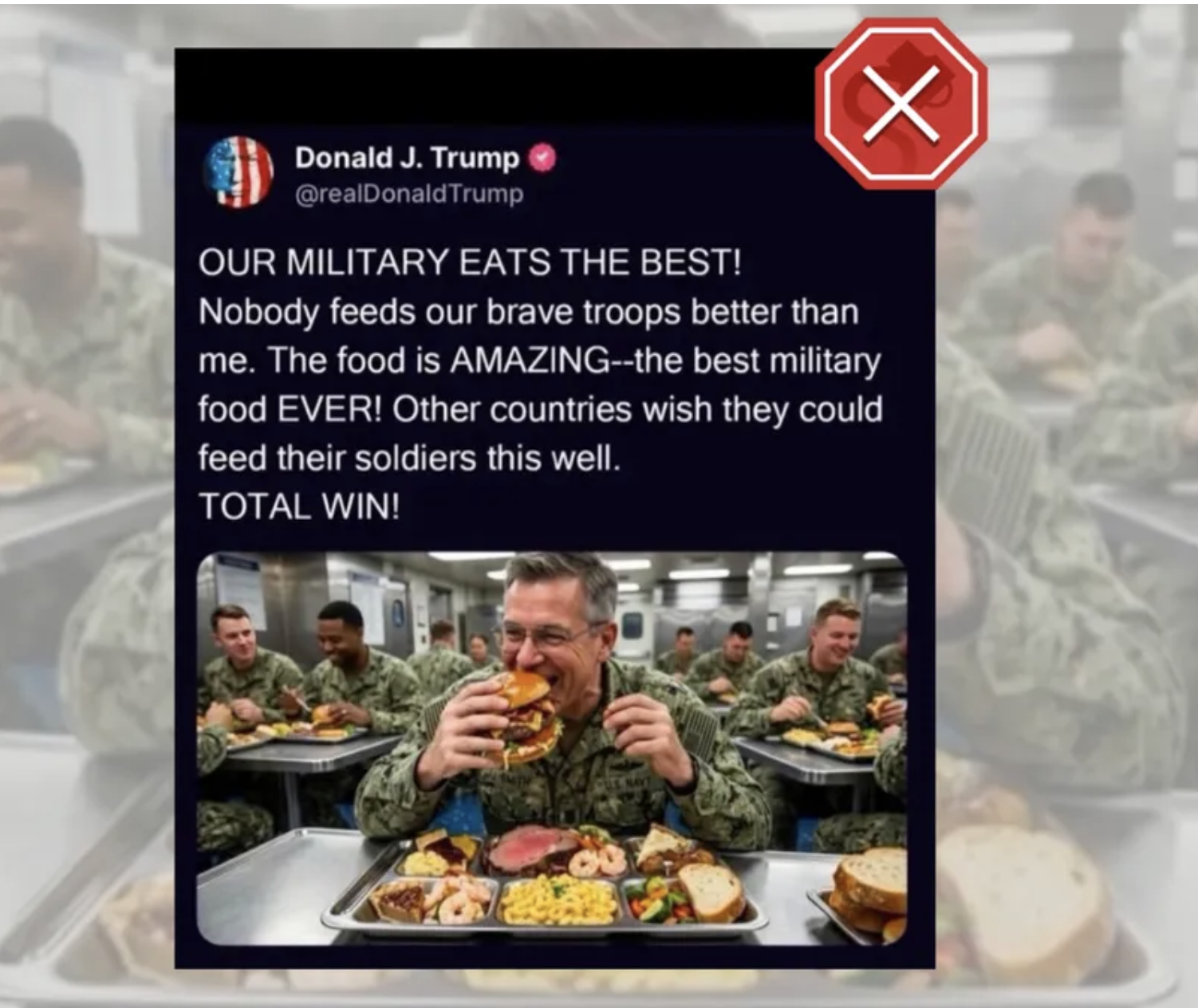 A screenshot appearing to show a presidential social media post about military food, featuring an AI-generated image of a Navy sailor with an unnatural hand