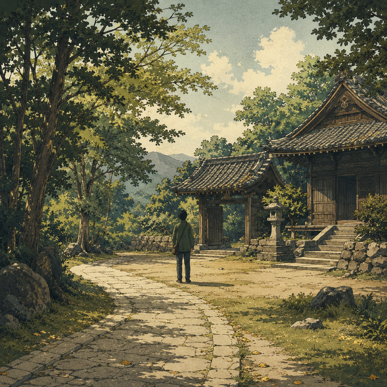 A vintage Showa-era anime scene of a quiet approach to a small rural Japanese temple on a soft, still midday. A worn stone road curves in from the lower-left and leads toward the right, empty and calm. A single small figure in a matcha-green jacket stands still at the clearing, seen from behind, relaxed and settled — not pacing, not checking a phone. Just beyond rises a small temple gate and wooden hall with a curved tiled roof and a stone lantern, framed by soft sage-green trees, a faint pale-gold warmth breaking through on the roof tiles. The etymology of 待 made visible — a road (彳) meeting a still place (寺) — the calm, temple kind of waiting.