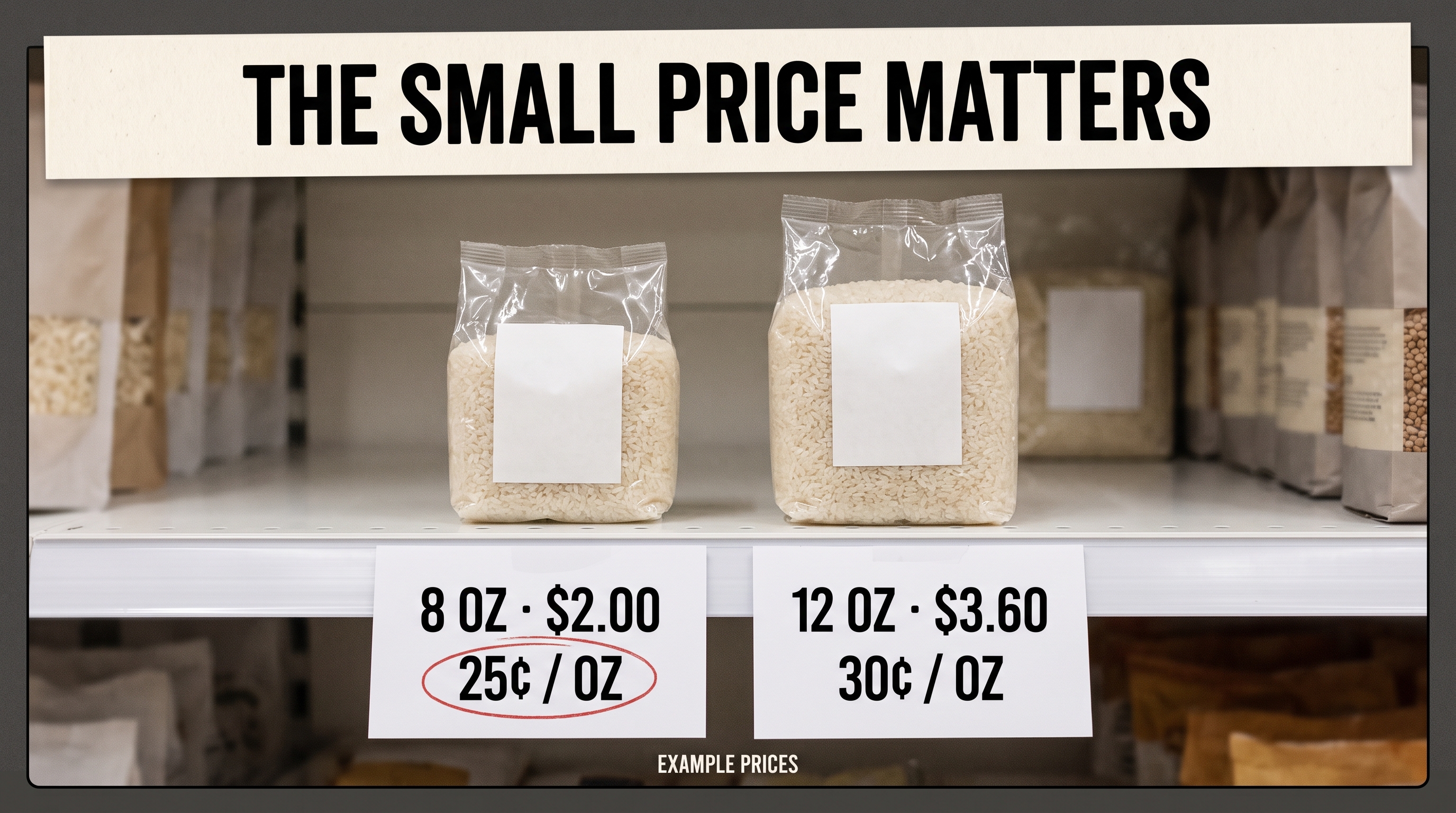 Hypothetical rice-price example: 8 ounces for $2 versus 12 ounces for $3.60.