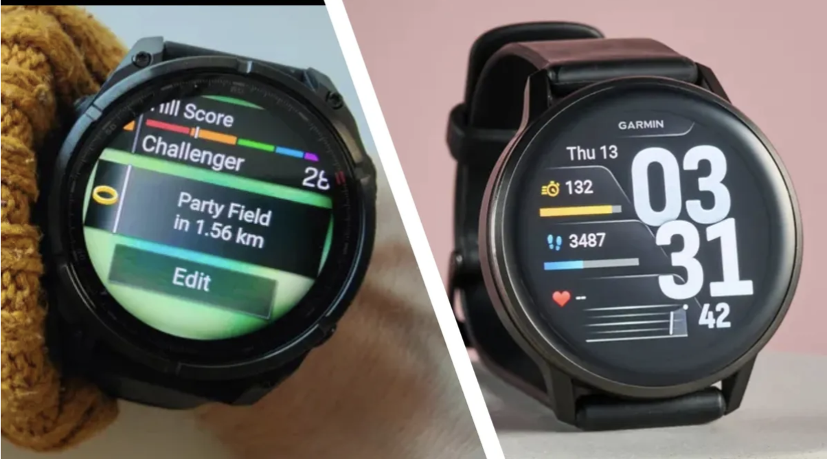 A Garmin smartwatch showing a colorful custom watch face, with a grid of many similar watch faces from an app store behind it