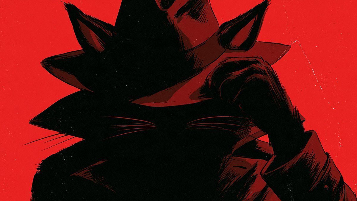Shadowy noir cat in a fedora against a red background