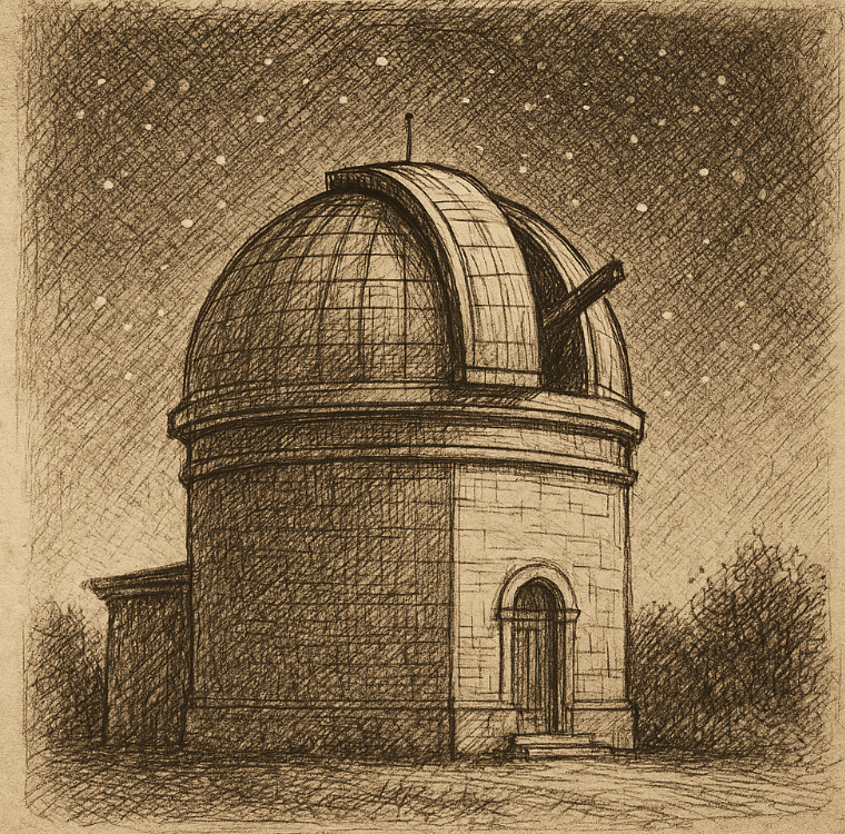 Sepia illustration of astronomer using telescope, faint spiral galaxies in night sky, cross-hatched style