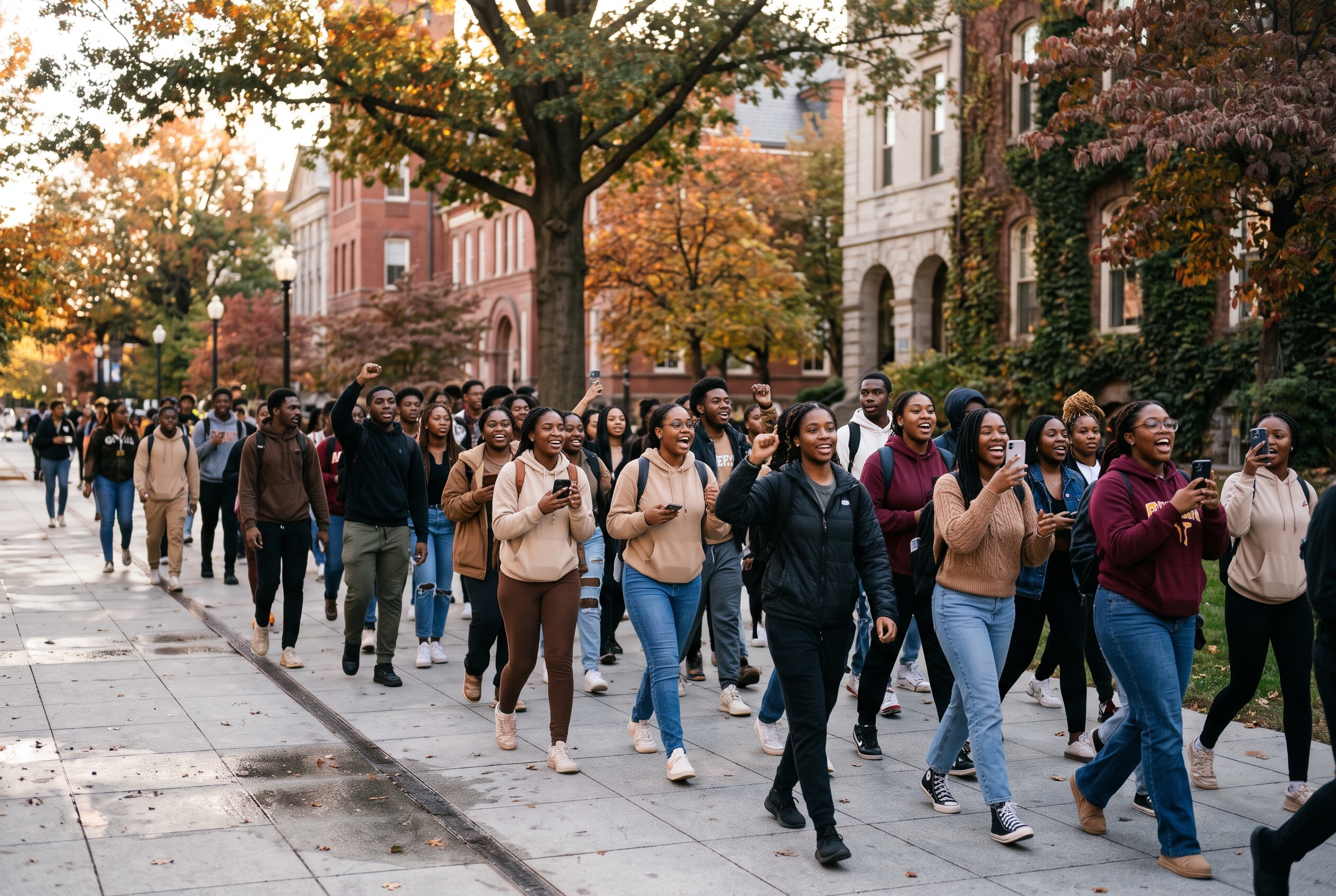 Black college students marching together to the polls to vote early