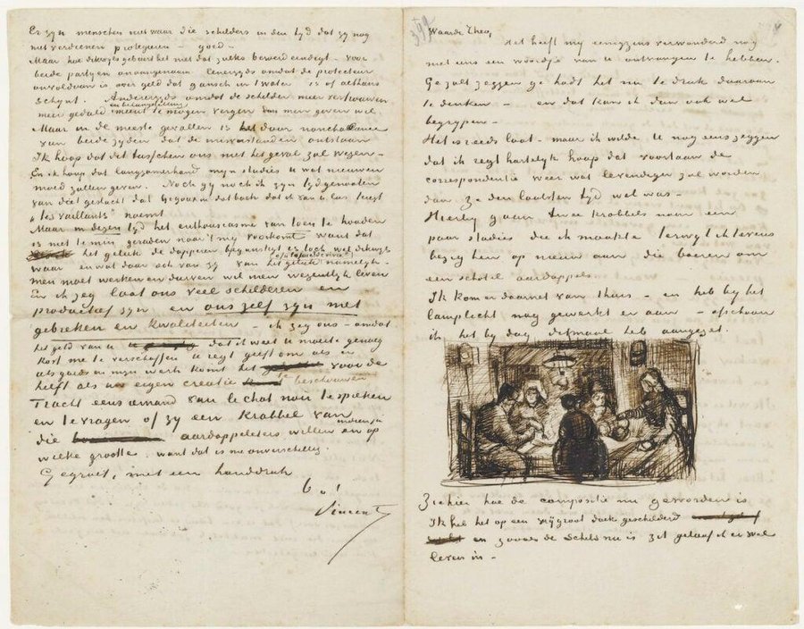 Two handwritten pages of a letter, with a small ink sketch of figures gathered around a table