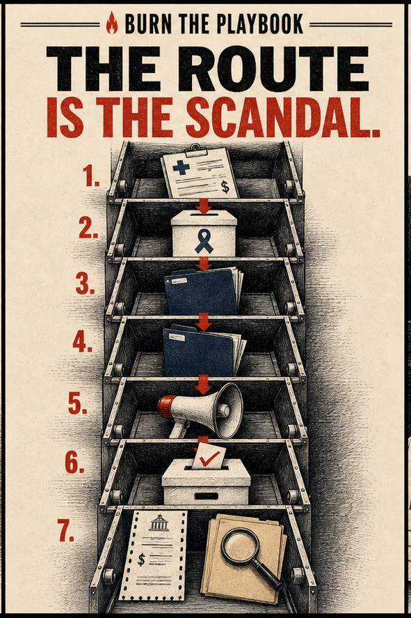 BTP route-card poster showing the seven-step money route from medical settlement to political fallout.