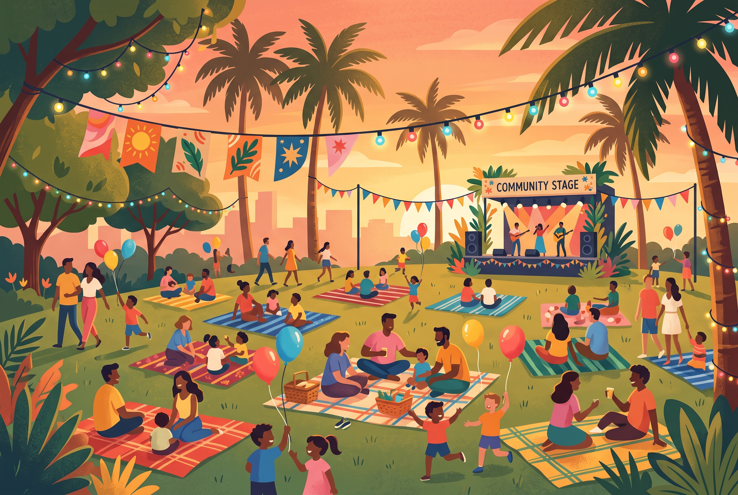 Illustration of a community festival with families, palms and string lights