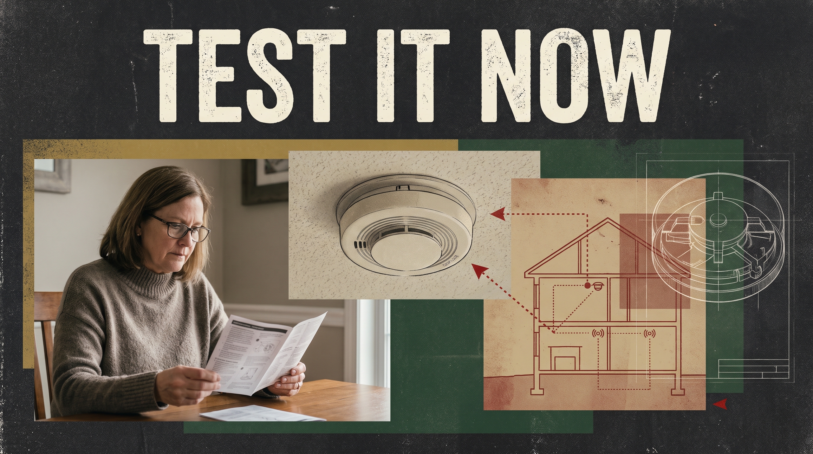 Illustrative documentary collage: TEST IT NOW