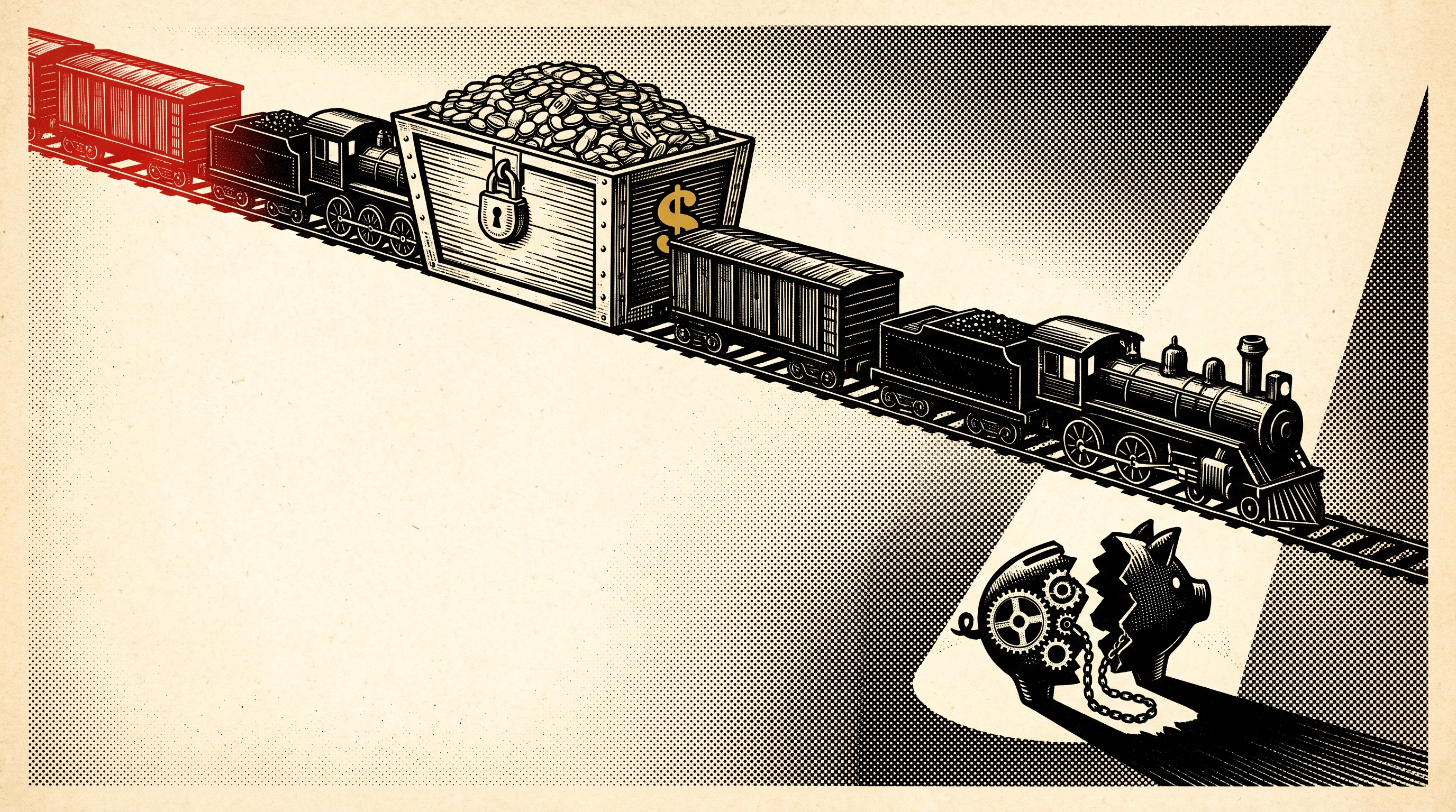 Poster illustration for the issue: Four Railroads Are Officially Rich Enough