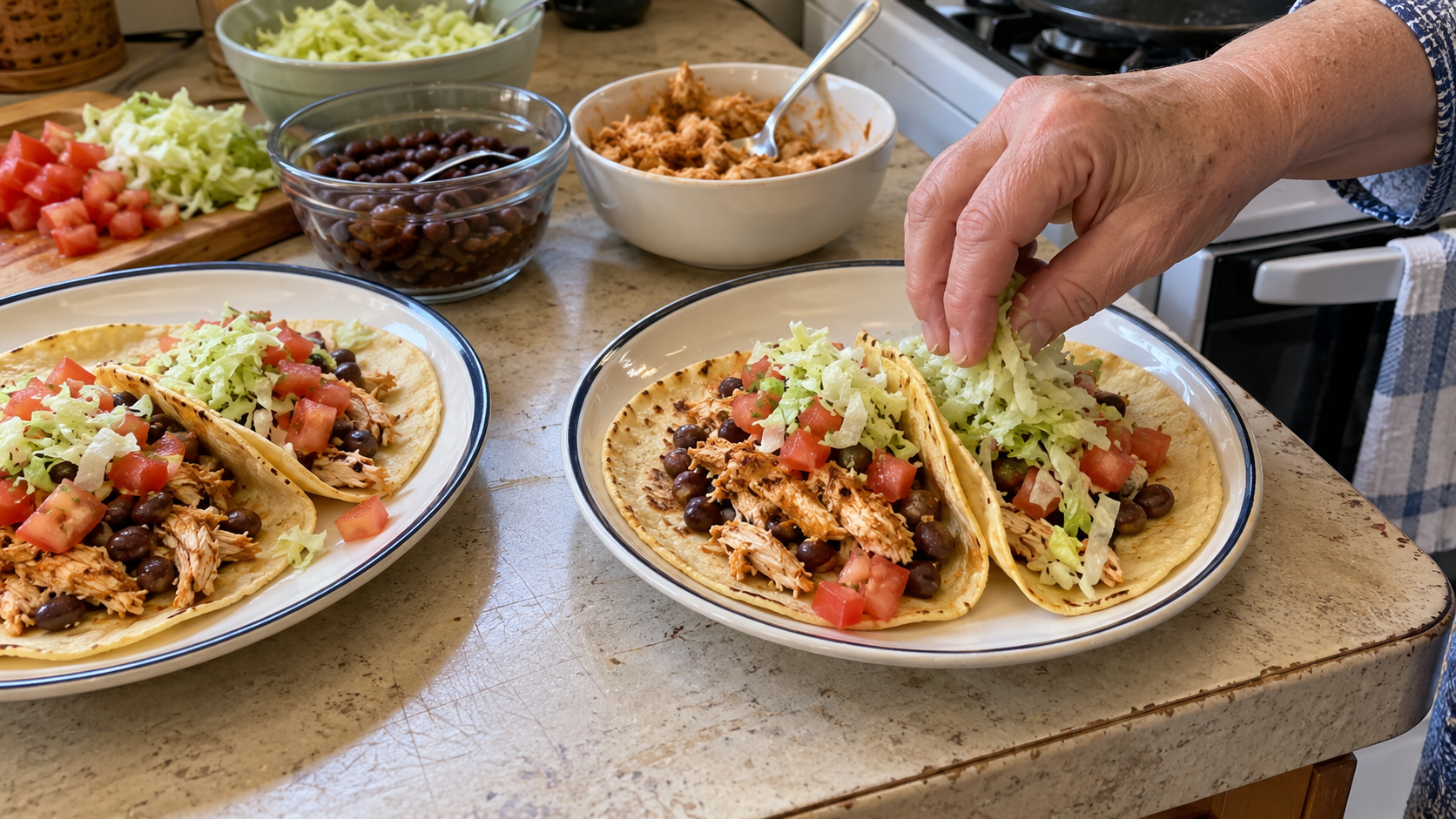 Chicken and bean tacos with lettuce and tomatoes being prepared at home