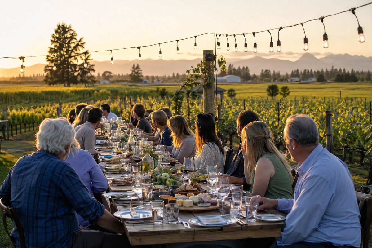 Guests sharing a long-table dinner beside hop fields in golden evening light