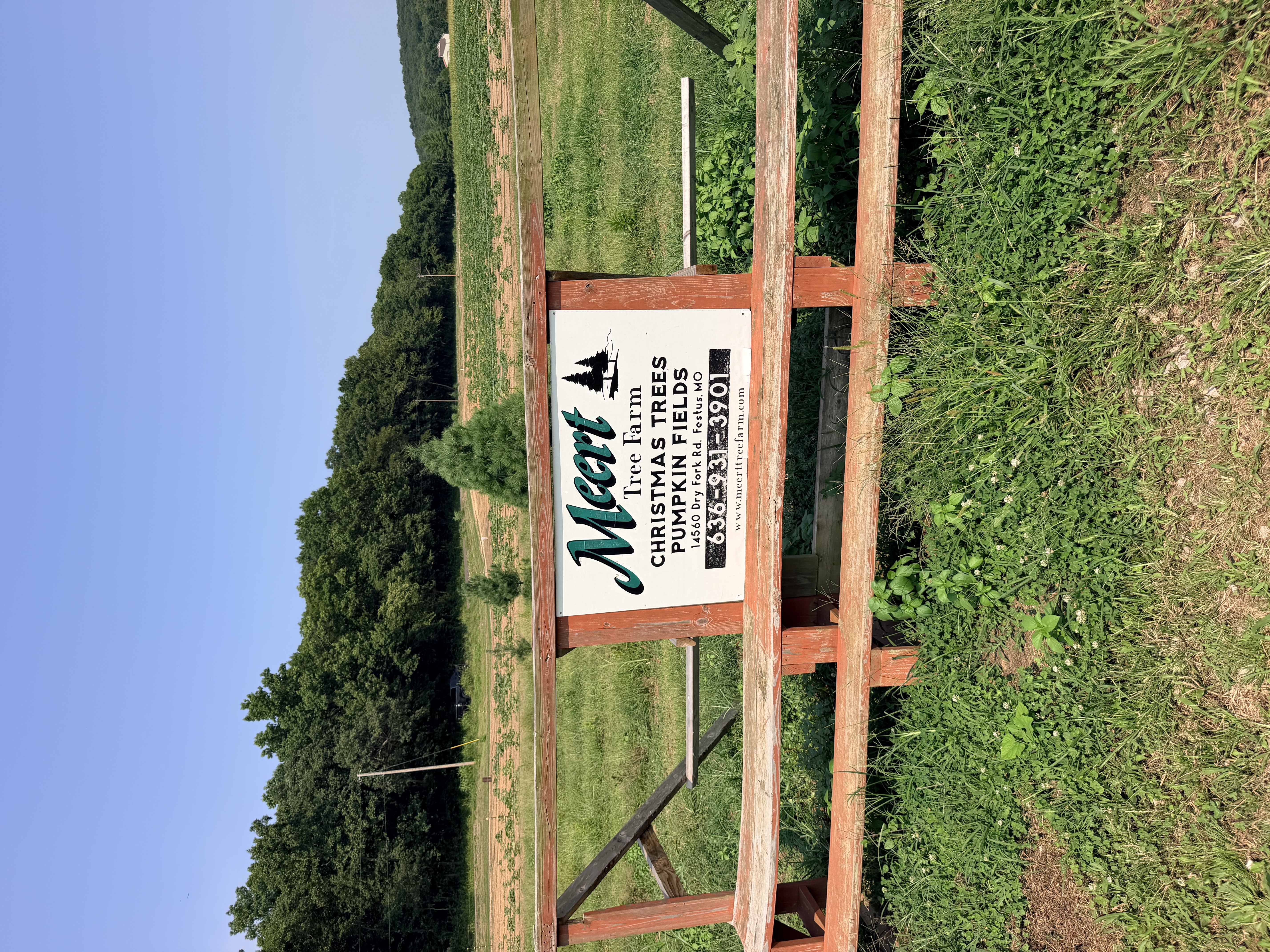 Meert Tree Farm sign with fields in the background