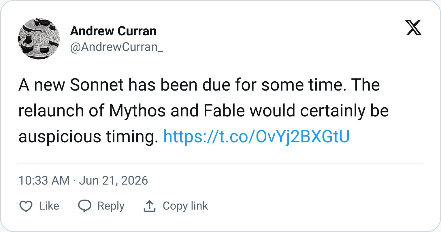 Andrew Curran tweet about a rumored Claude Sonnet 5
