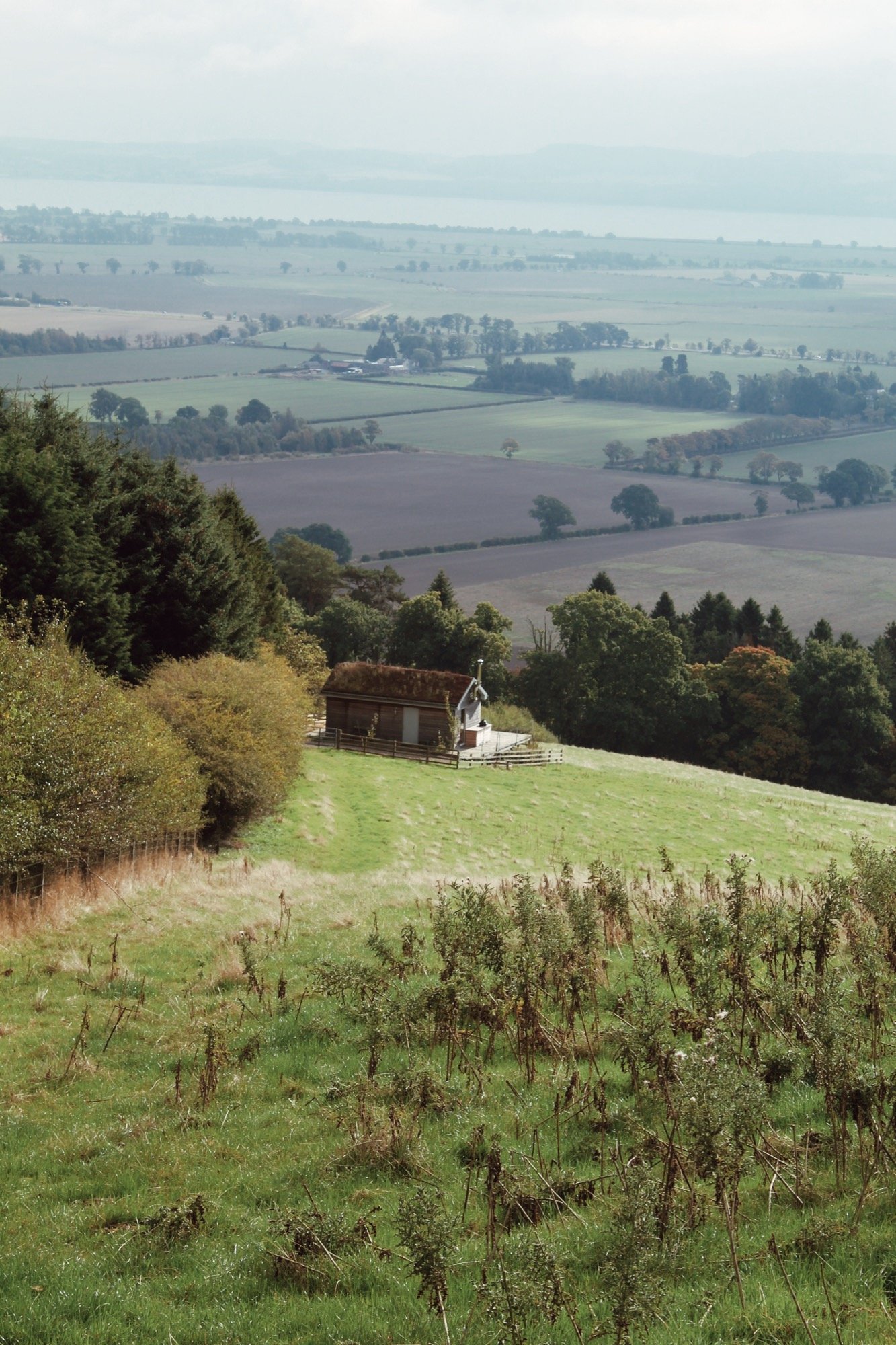 Rolling green Guardswell Farm hillside overlooking the River Tay valley