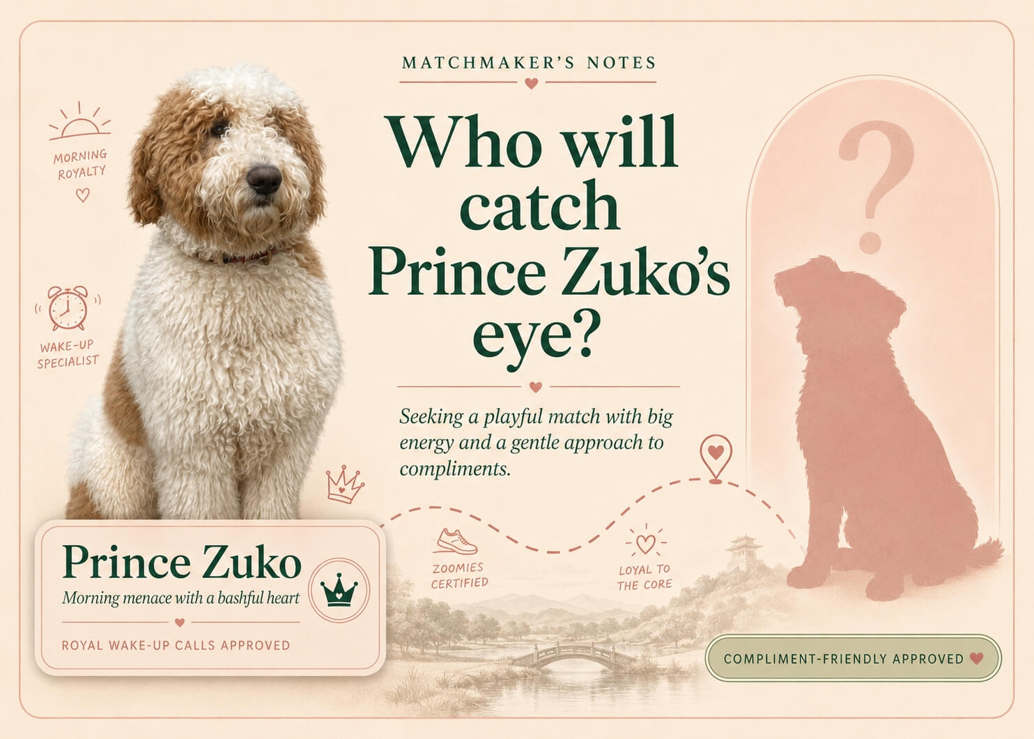 Matchmaker’s Notes graphic for Prince Zuko asking who will catch Prince Zuko’s eye