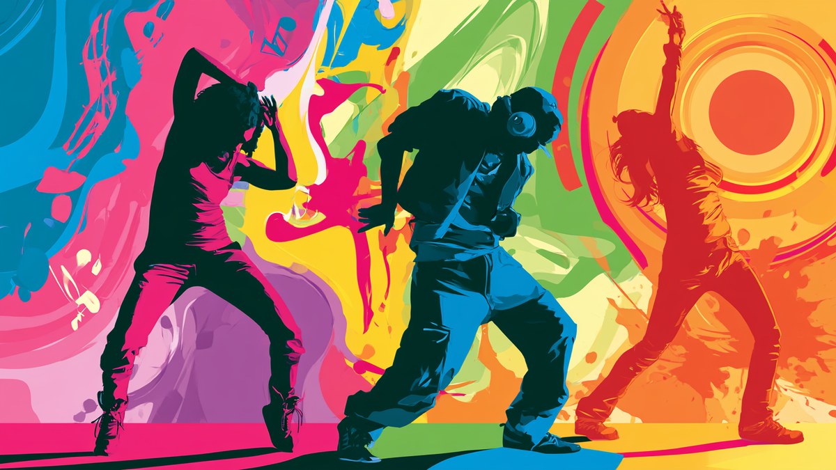A bright illustration of three dancers in silhouette against swirls of colour