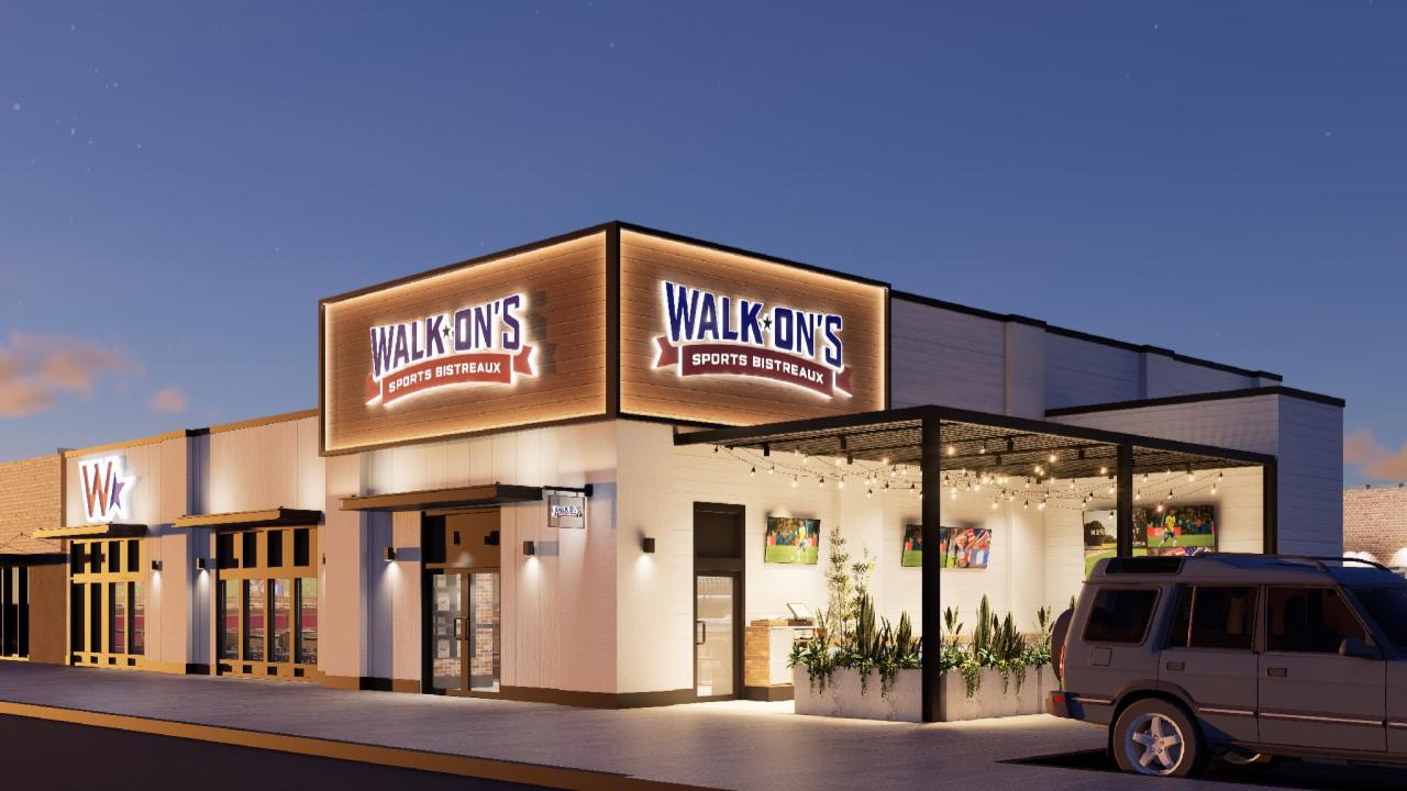 Exterior rendering of a Walk-On's Sports Bistreaux restaurant.
