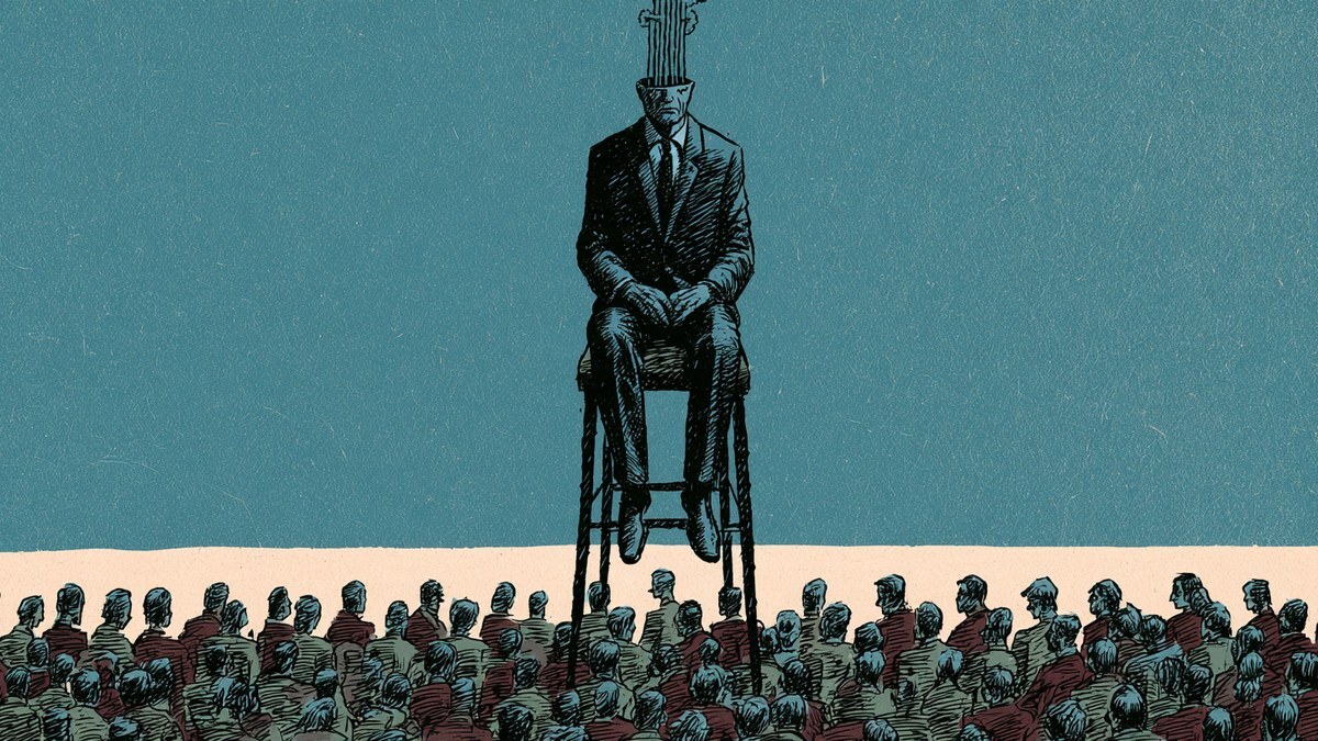An illustrated man in a suit on a towering chair high above a crowd of people