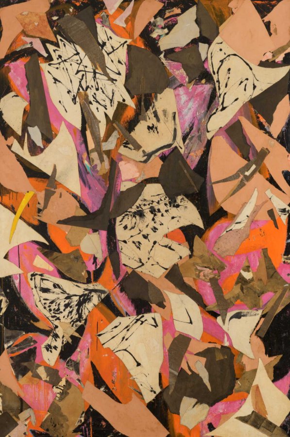 Painting of overlapping torn paper shapes in cream, brown, peach and black with splatters, set over bright orange and pink, with one small yellow sliver at left