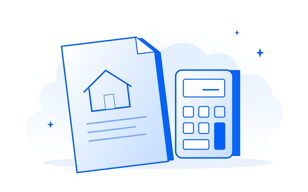 A mortgage document and calculator. Conceptual corner illustration.