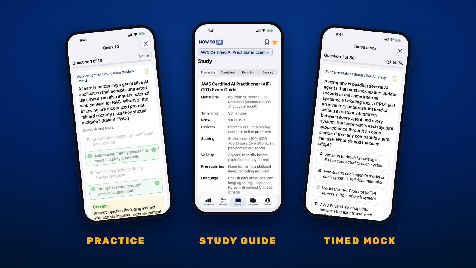 Pass your first AI exam: a 4-step study plan HOW TO AI CERT on three phones: AWS AI Practitioner practice question, study guide and timed mock exam