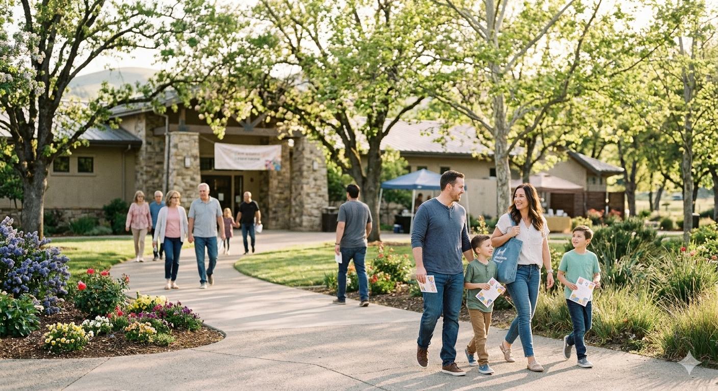 People heading toward a local Roseville community event on a spring weekend.