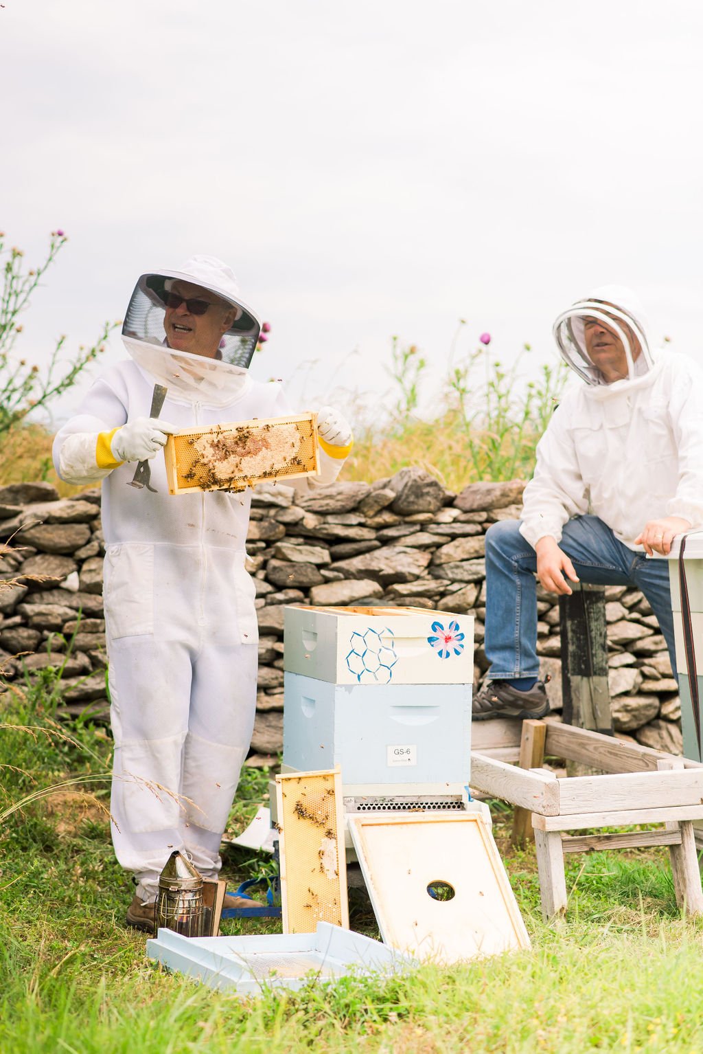 Beekeepers tending hives on Goodstone Inn’s working farm
