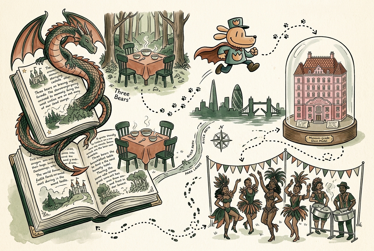 A London weekend illustration: a storybook dragon and Three Bears' breakfast table at the British Library, Dog Man mid-leap on a theatre stage, a miniature Grand Budapest Hotel model in a museum case, and carnival dancers with steel pans in the Barbican foyer
