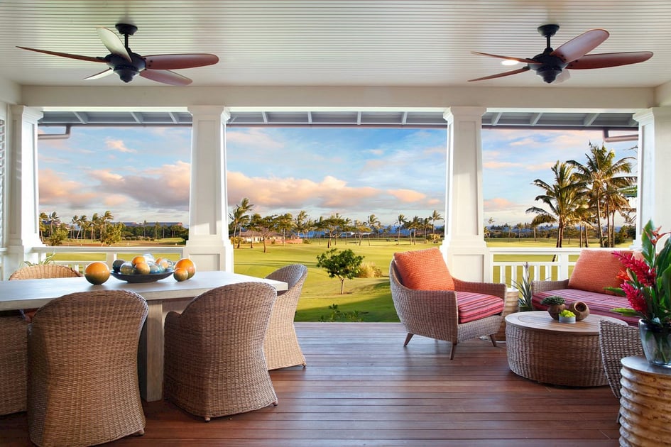 Covered private lanai with dining and lounge seating