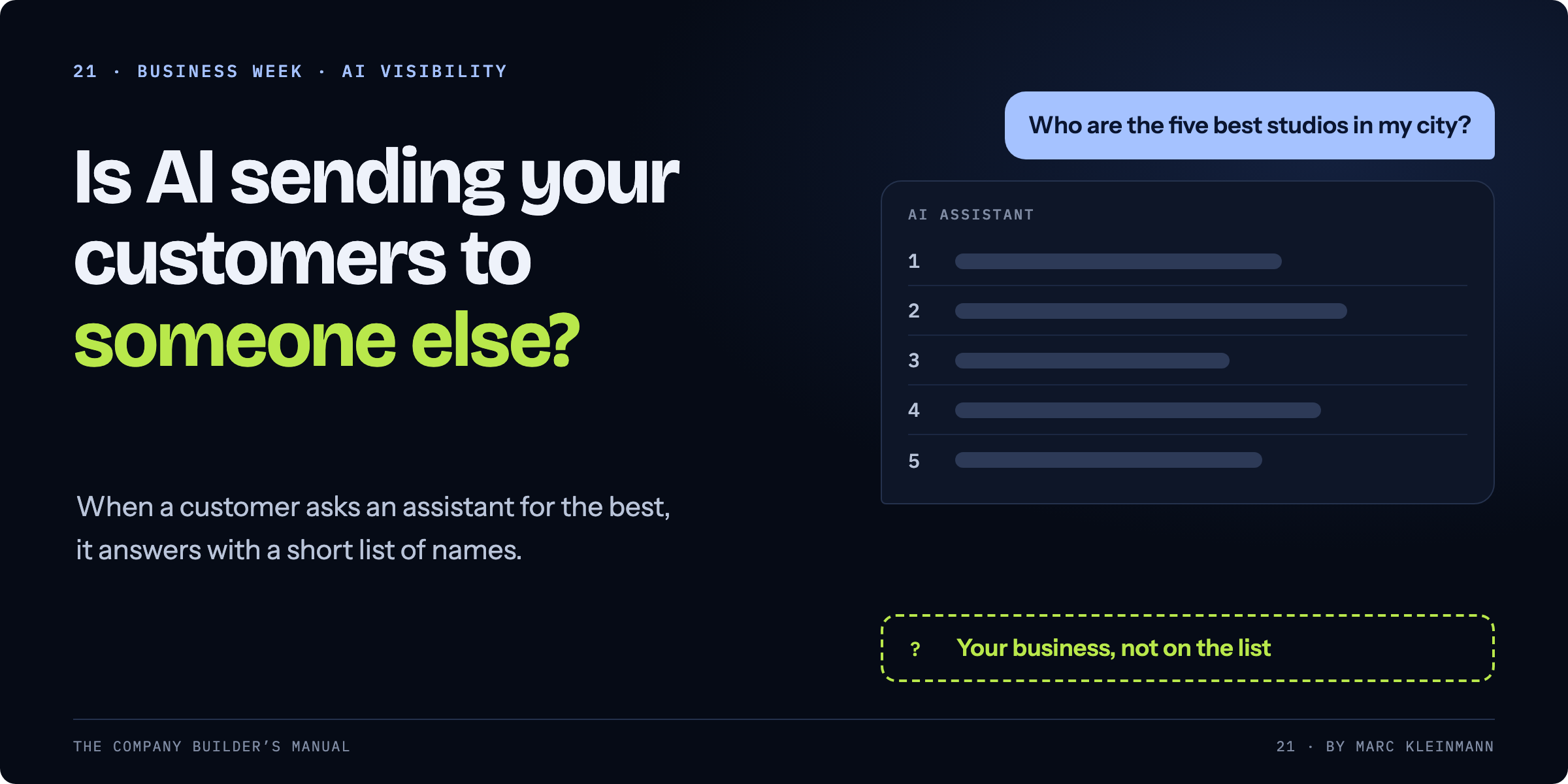 A customer asks an AI assistant for the five best studios in their city. The assistant lists five names, and the reader's business is not on the list.