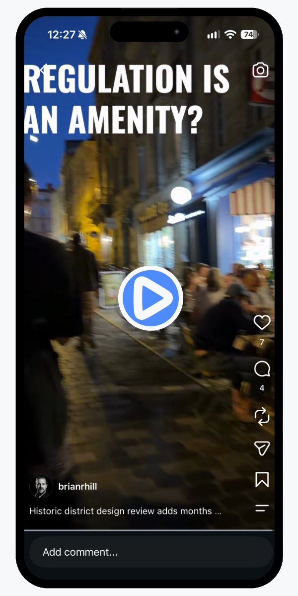 Instagram reel poster: a crowded café street at night with the text Regulation is an amenity?