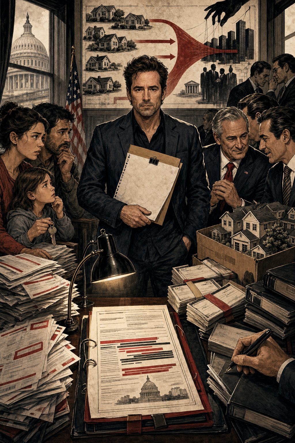BTP editorial illustration of Michael Starr Hopkins standing inside a Capitol housing negotiation room while a family, PAC money, and boxed-up starter homes pull the bill in opposite directions.