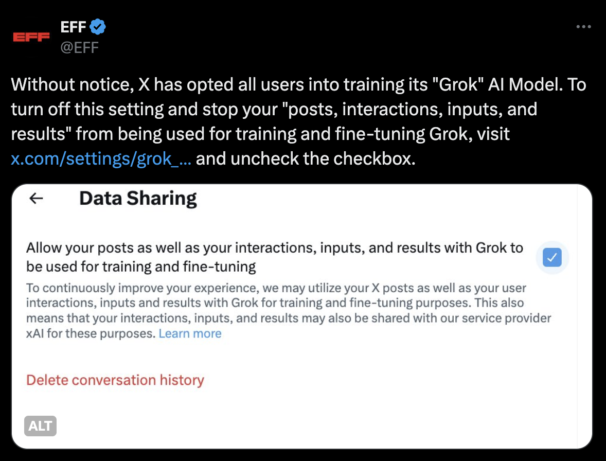 X has opted all users into training its "Grok" AI Model