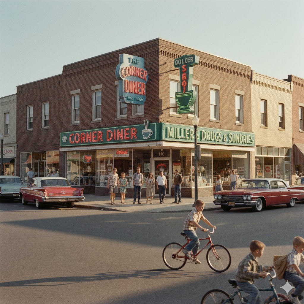 Small Town Main Street, USA in the 1960s