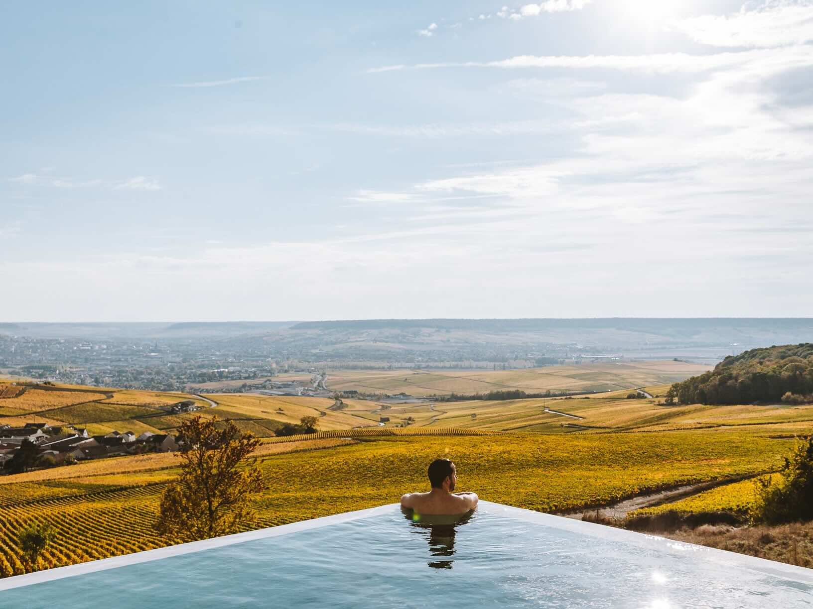 Infinity pool overlooking the Champagne vineyards and Marne Valley