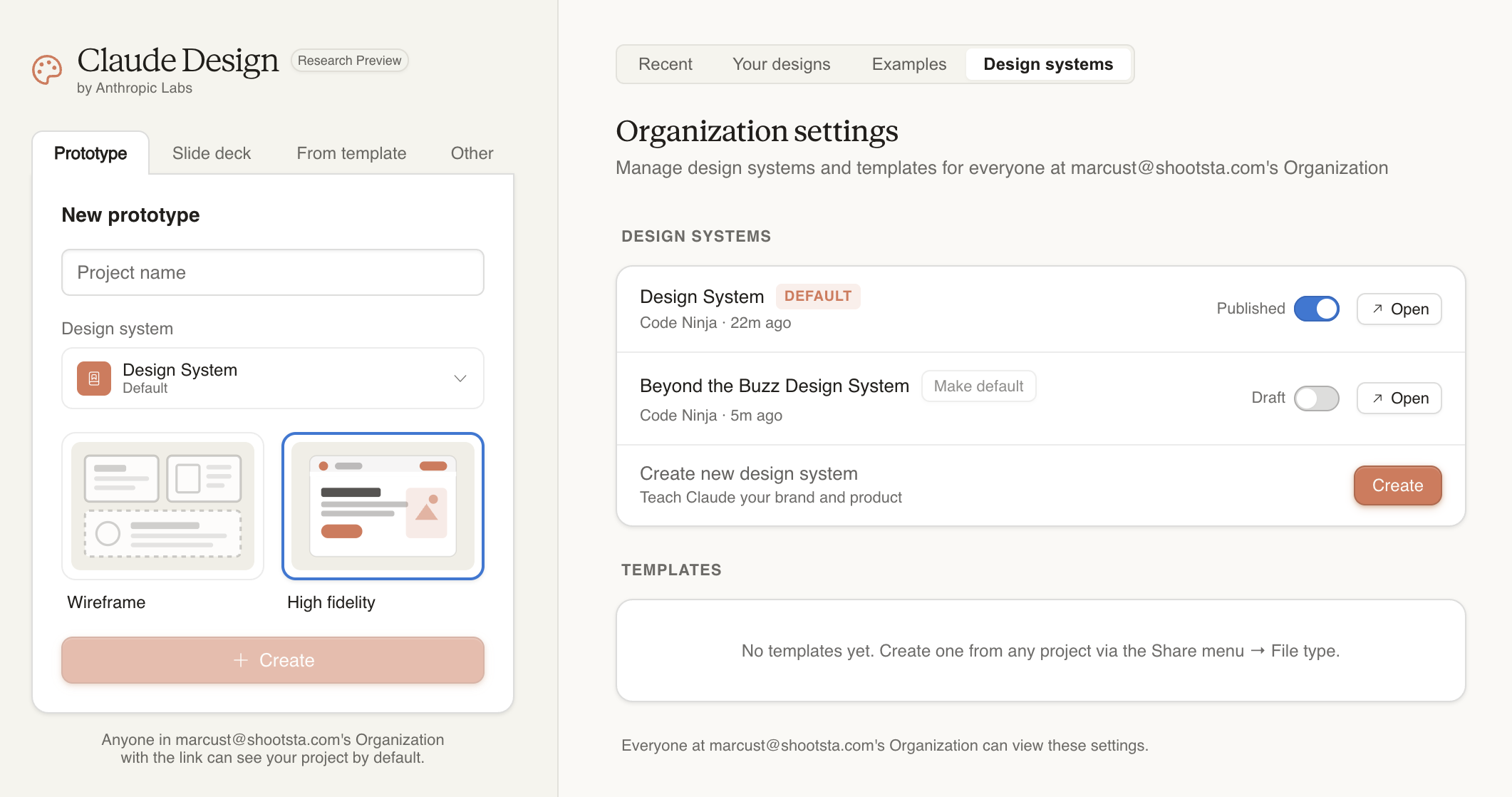 The design system panel in Claude Design showing extracted colors and typography