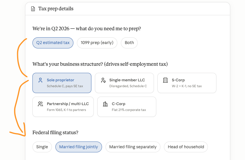 Tax prep intake form with US-only tax options