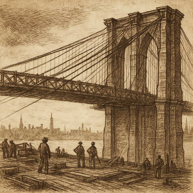 Sepia ink sketch of Brooklyn Bridge under construction with workers and cables, cross-hatched on aged paper