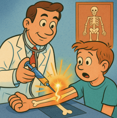 A doctor injecting a glowing adhesive into a fractured bone in a patient's arm