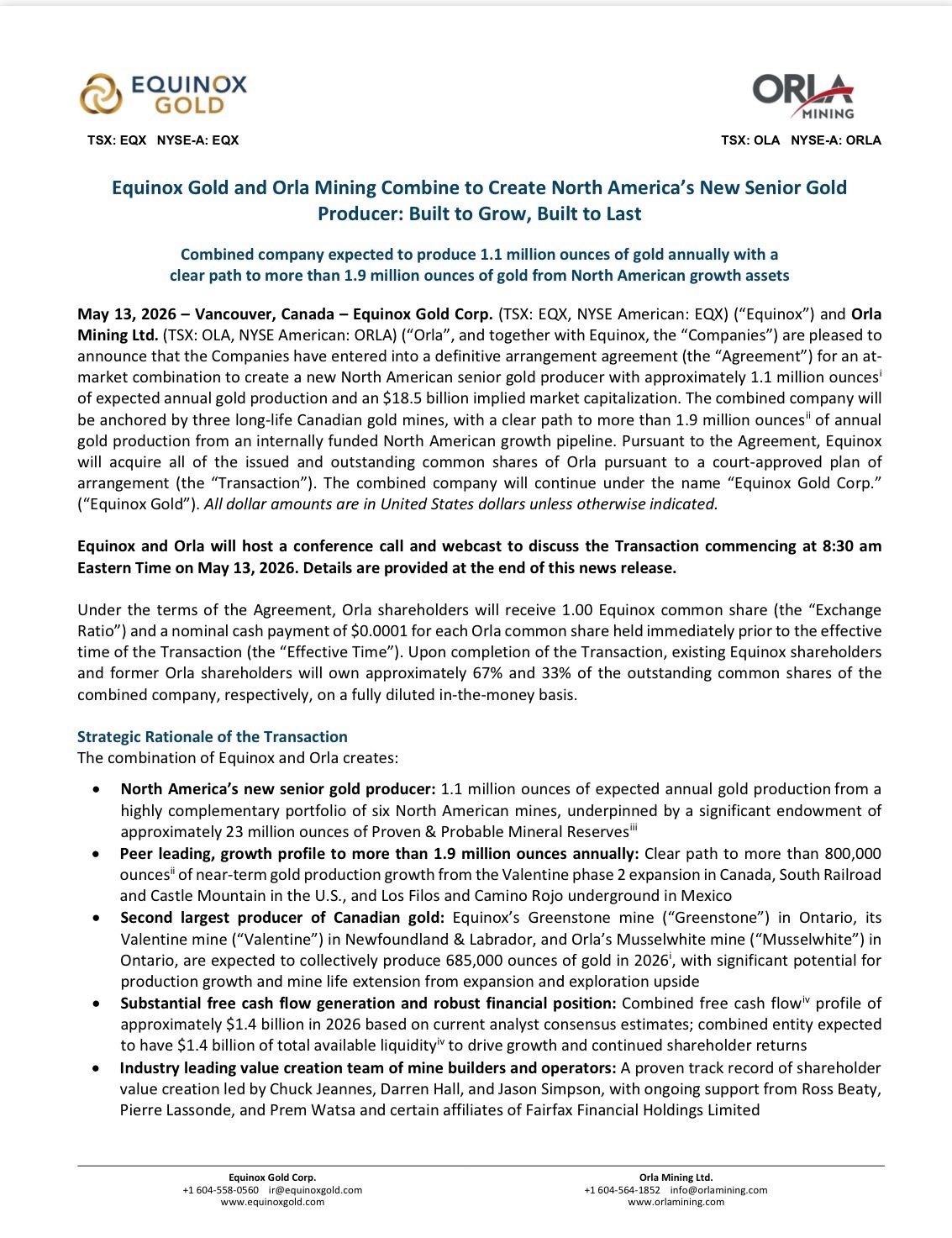 Equinox Gold Orla Mining merger