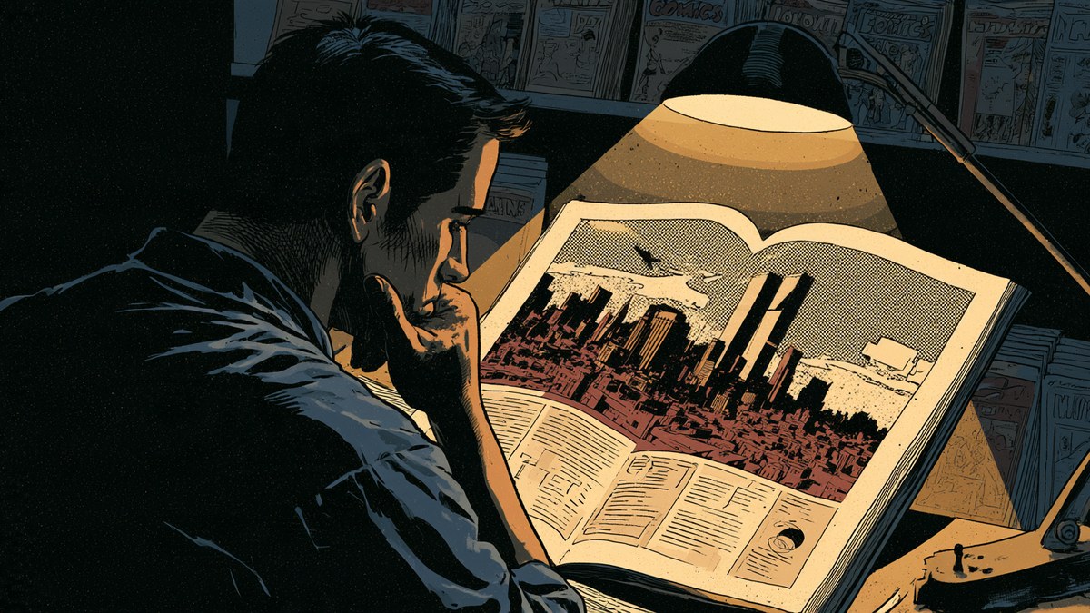 An illustrated man reading an old comic book showing the Twin Towers under a desk lamp