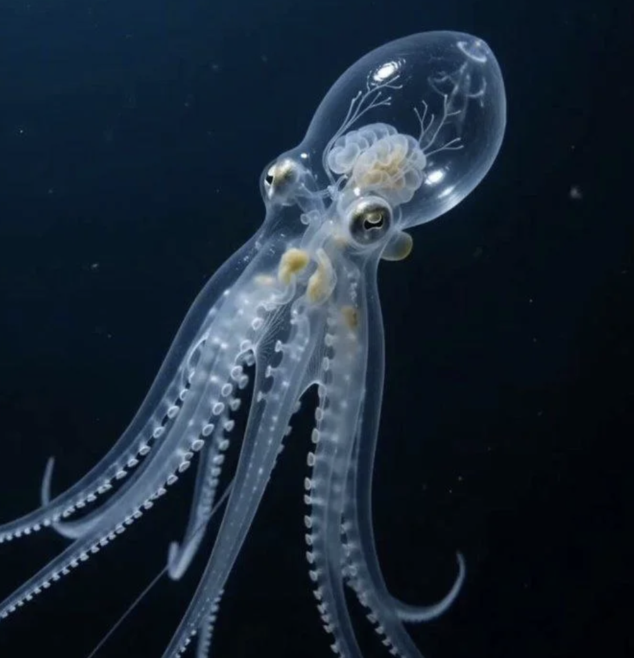 A see-through squid glowing underwater like a biology diagram that Google's own AI accidentally watermarked