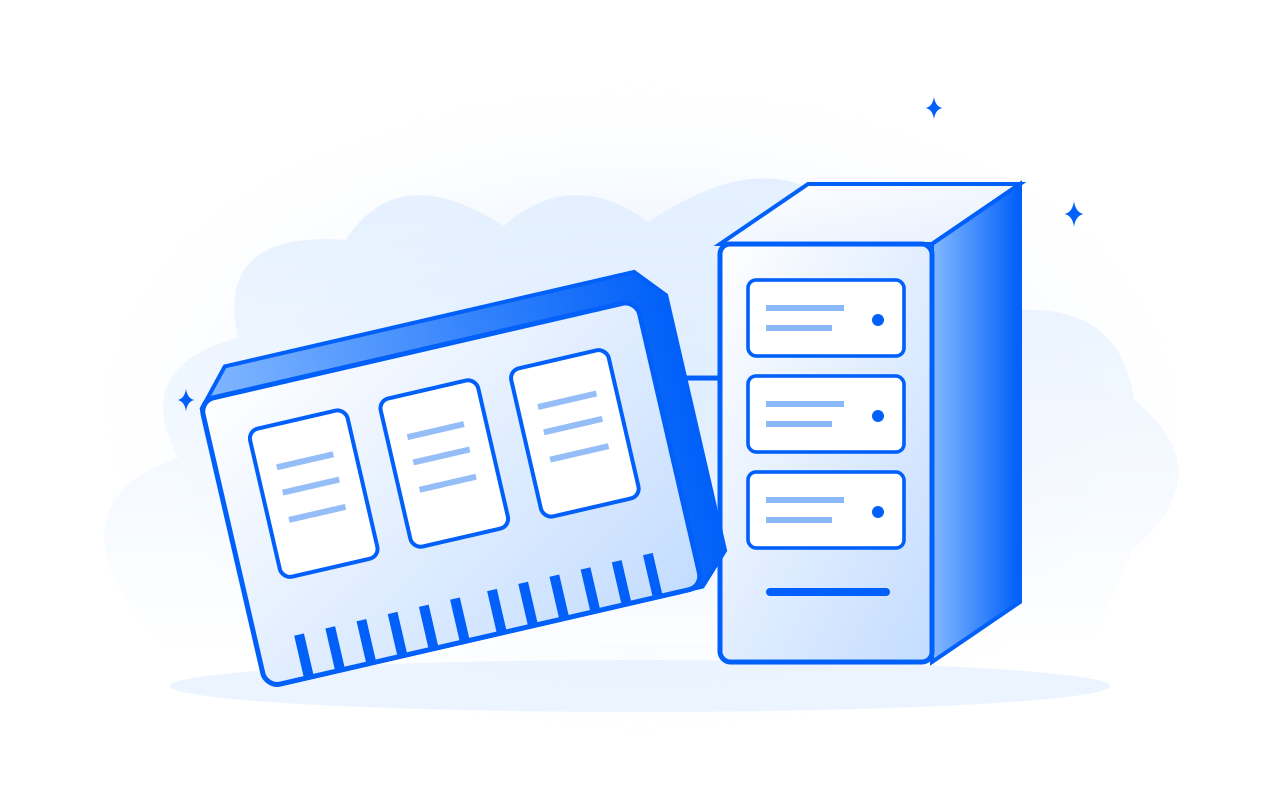 Memory modules linked to server infrastructure. Conceptual illustration, not a product photograph.