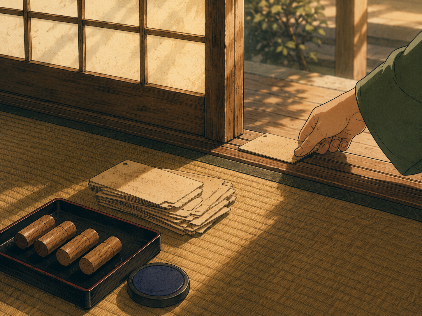 A vintage 1980s Japanese anime intimate still-life close-up at the threshold of a traditional shōji sliding paper door at the edge of a tatami mat, late afternoon. A small pile of paper study cards sits in the foreground; a hand in a matcha-green sleeve enters from the right, gently setting one card down across the wooden threshold strip onto the engawa floor outside. Beside the pile, a small black-lacquered tray holds four small carved wooden hanko cylinder stamps, with a small round ink-indigo ink pad alongside. Soft raking afternoon light through the shōji paper, cel-shaded ink outlines, visible film grain. A gentle ritual of setting something down at a threshold.