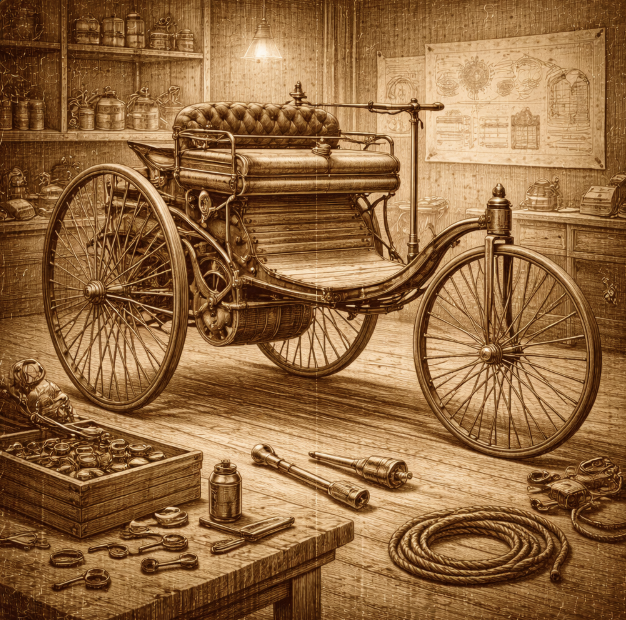 Vintage early automobile in a workshop setting with tools and gears, no text or people