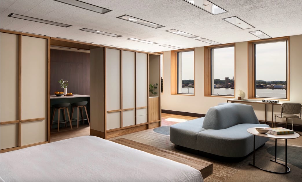 Scandinavian-style Hotel Marcel guest room with large windows