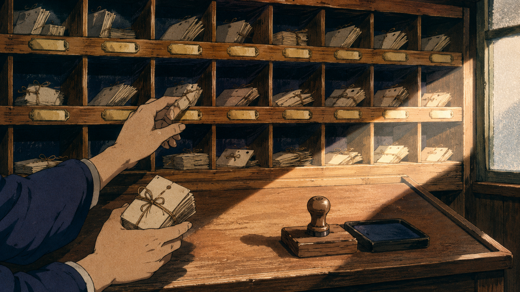A vintage 1980s Japanese anime view of a Showa-era postal sorting station. Only the clerk's hands and indigo apron cuff are visible in the lower-left; one hand pinches a bundled stack of paper tags tied with twine while the other reaches toward a specific pigeonhole in a four-row wall of warm aged-wood cubbies behind the sloped desk. Soft diffused mid-morning daylight from a frosted window on the right. Cel-shaded ink outlines, visible 35mm film grain, muted faded-film palette. A craftsman mid-decision who has made this exact call ten thousand times.