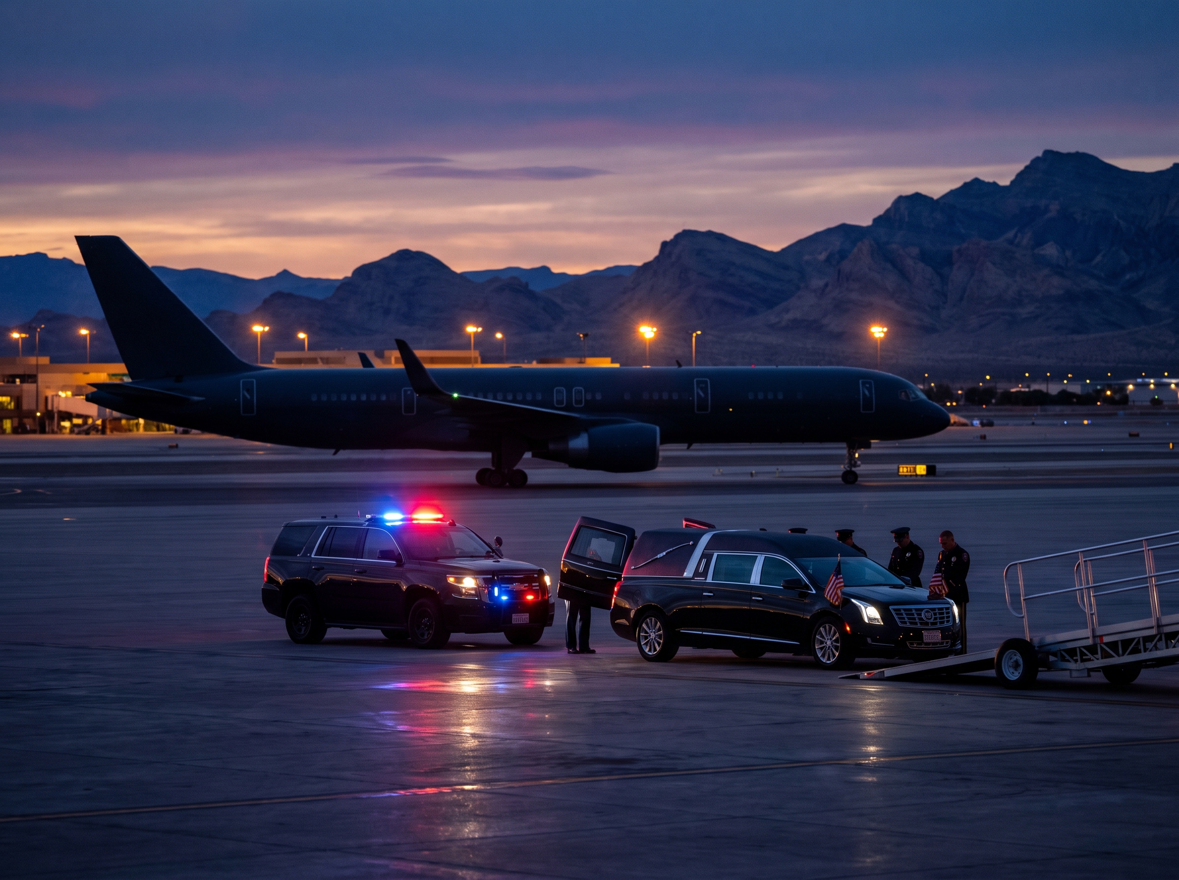 Escort vehicle and hearse waiting on an airport tarmac at dusk