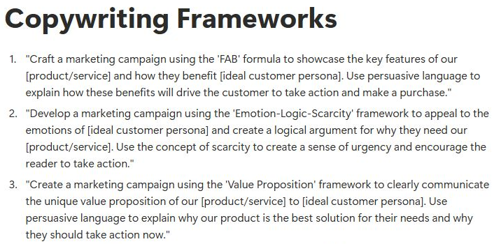 Excerpt from Copywriting Frameworks showing adaptable prompts.