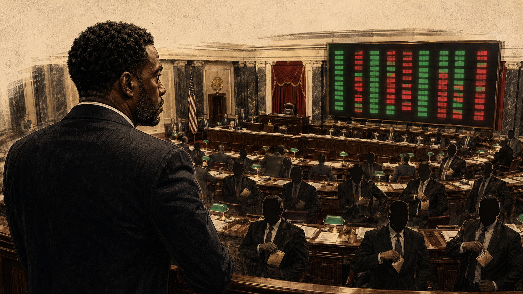 Editorial illustration of Michael watching a Senate chamber as faceless senators pocket envelopes beneath a roll-call board.