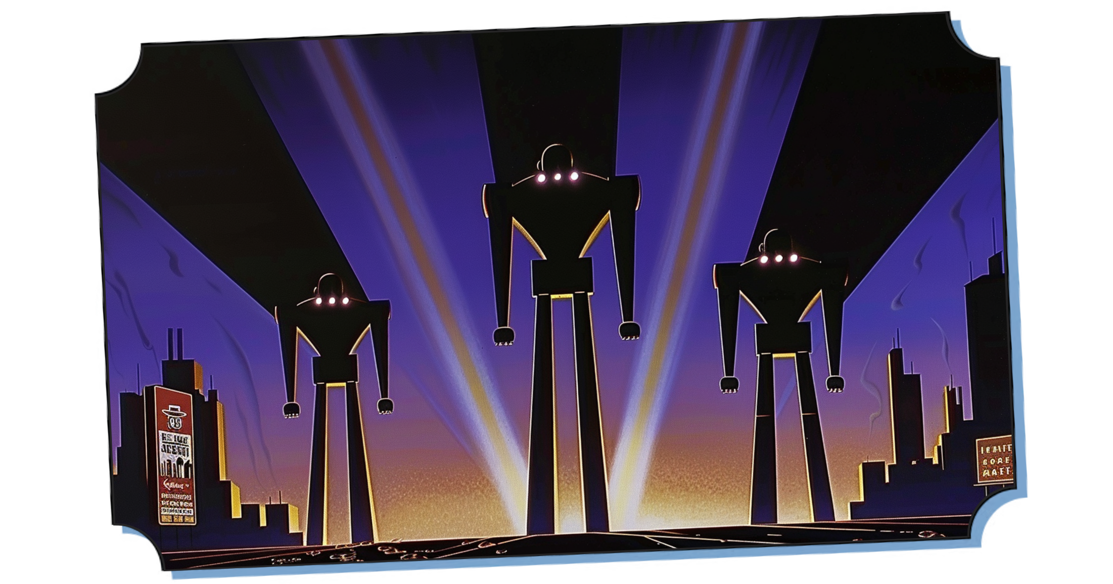 Trois silhouettes monolithiques d'agents IA dominant des panneaux publicitaires abandonnés, illustration art déco